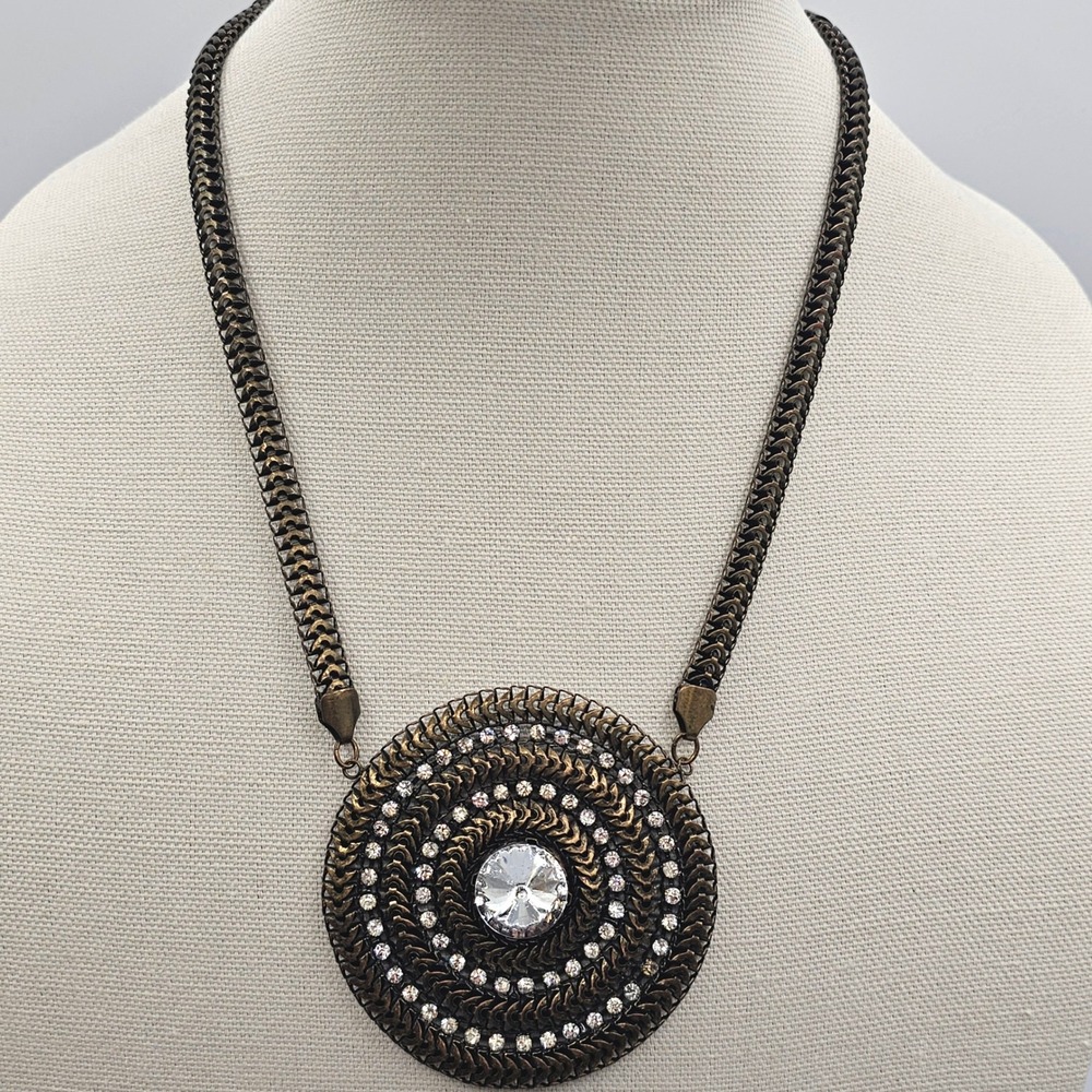 Chicos Stmt Fish Scale Necklace 19-22" Lg Round Pendant Rhinestones Bronze Tone